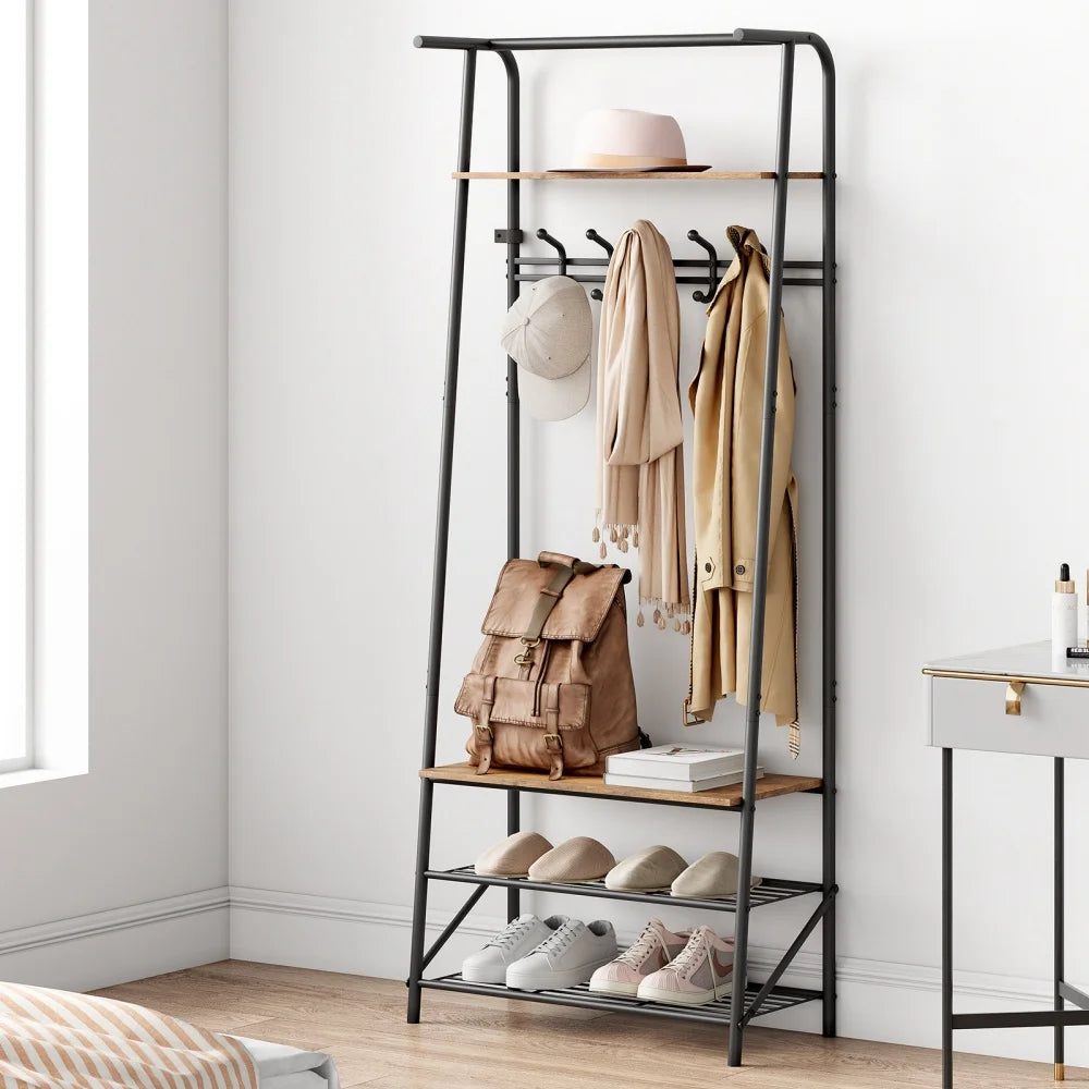Coat Rack Hallway Tree With Shoe Storage Bench 4-In-1 Entryway Hallway Tree With Hooks Steel Frame Storage Shelf
