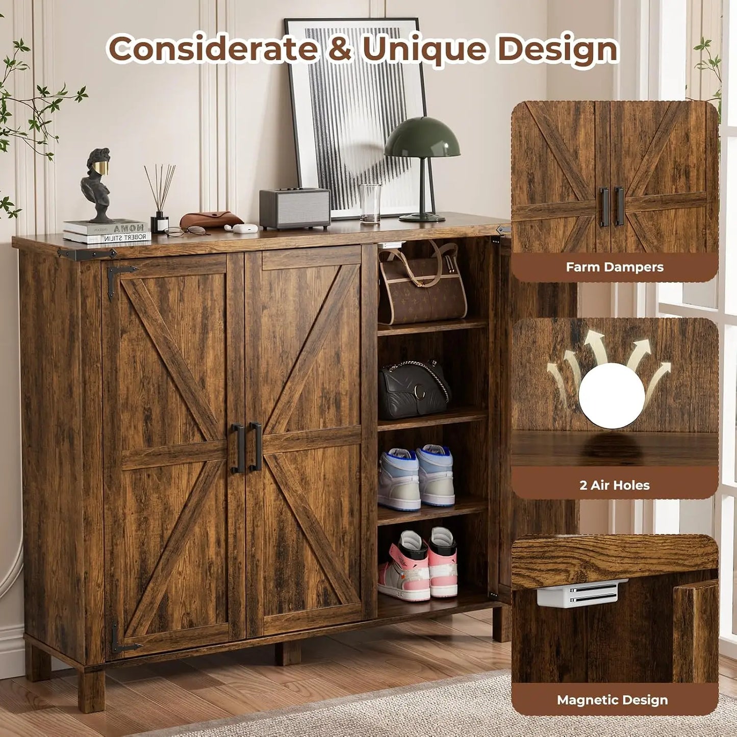 5-Tier Shoe Storage Cabinet, Farmhouse Shoe Rack Organizer Cabinet with 4 Adjustable Shelves & Side Cabinets,, Custom