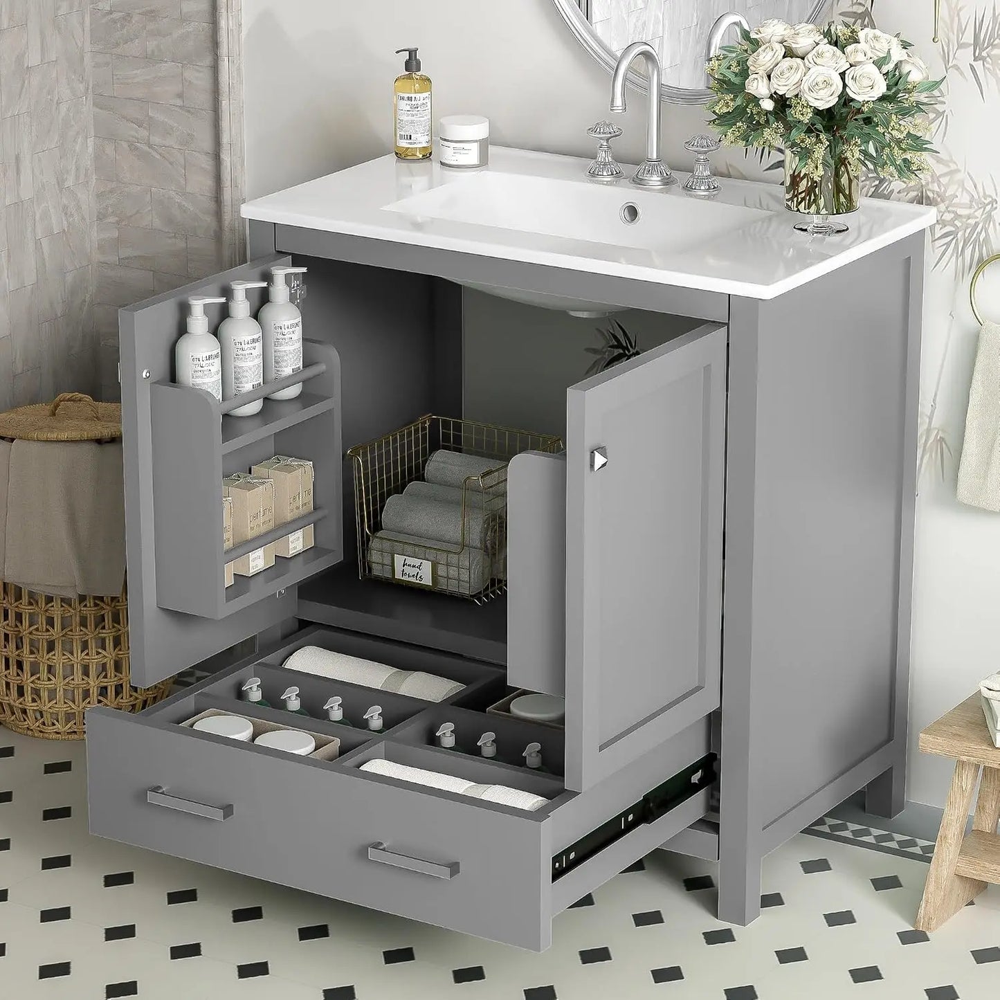 30" Bathroom Vanity with Ceramic Sink, Modern Freestanding Storage Cabinet with Sink Suite Set, Soft Closing Door,, Custom
