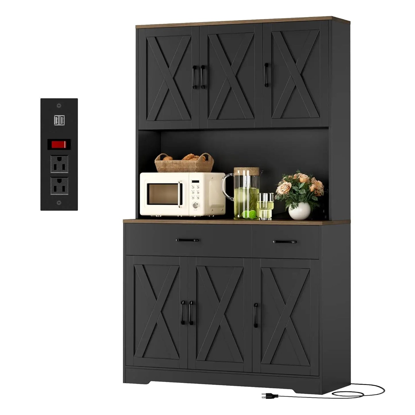 Chengwei Farmhouse Pantry Cabinet With Charging Station And Microwave Stand