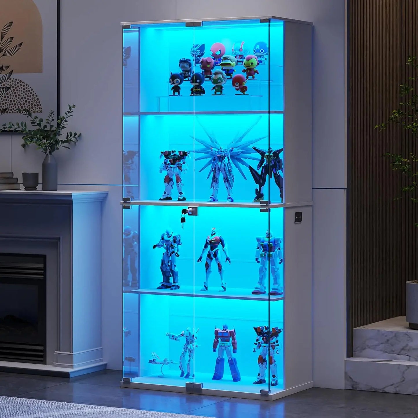 ZHILU Lockable Glass Door Display Cabinet 4 Tier Lighted Curio Cabinet