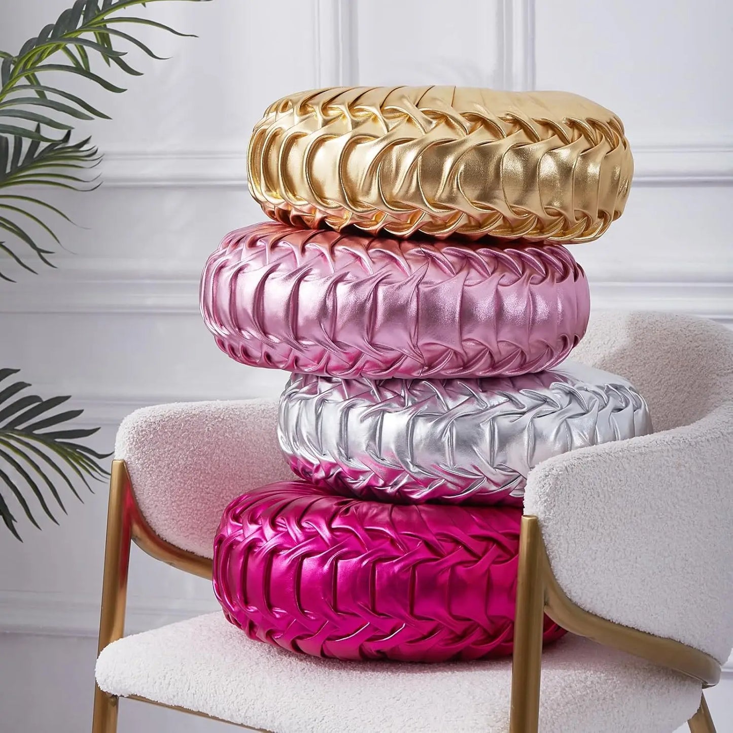 Round Leather Throw Pillow With Handmade Pleated Design For Home Decor