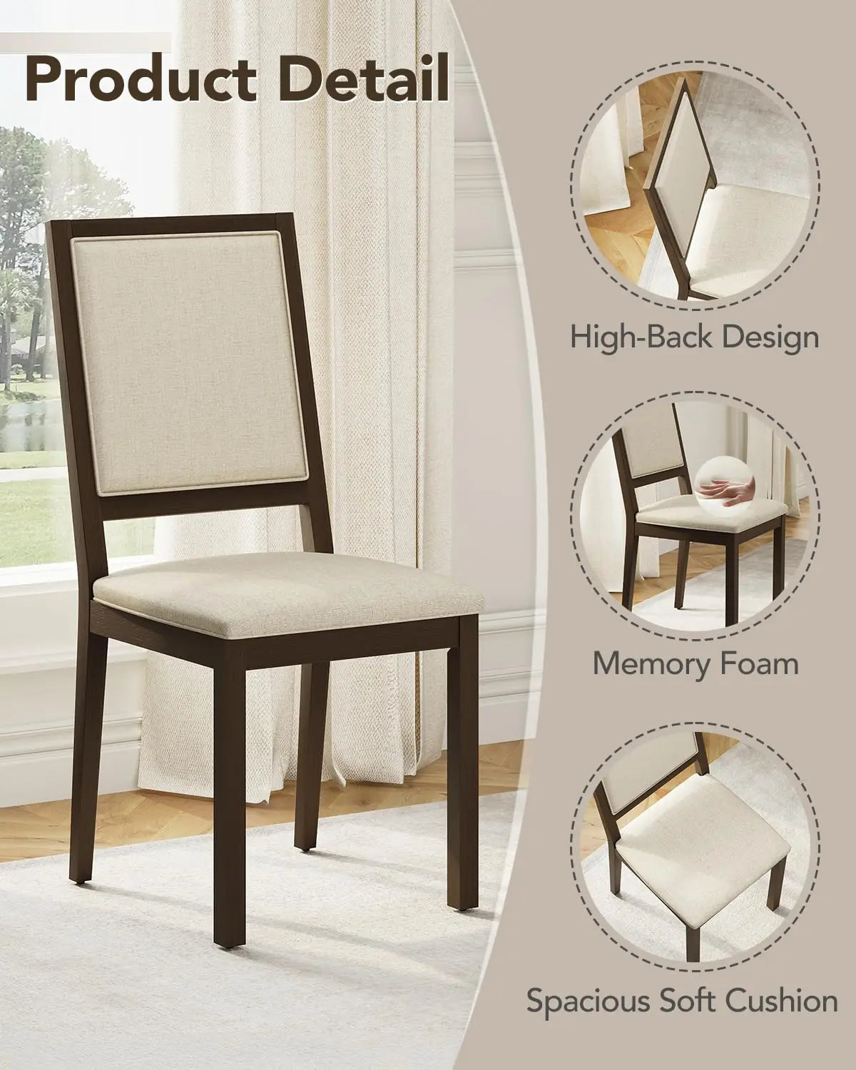 Fabric Upholstered Dining Chairs Set of 4 With Solid Wood