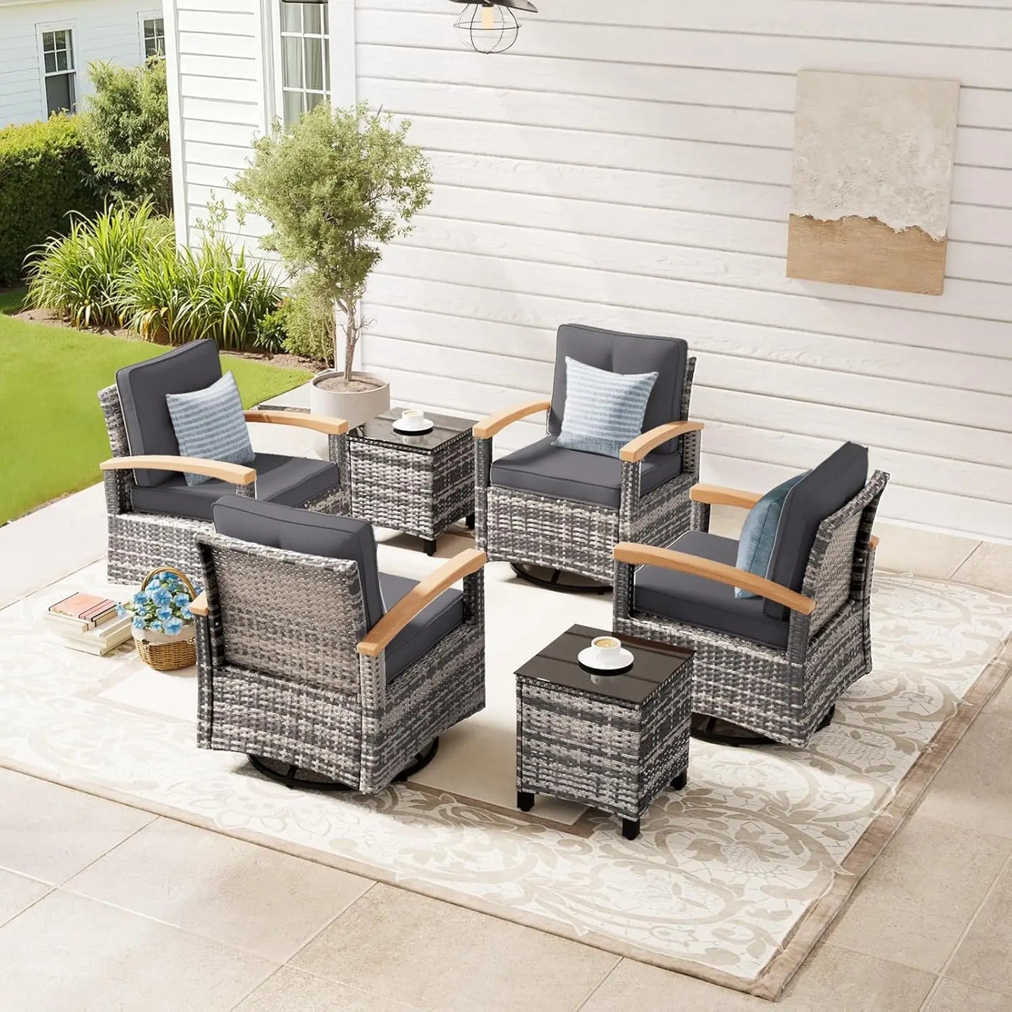 6 Pieces Patio Furniture Sets, Wicker Patio Conversation Sets with 4 Wood Armrests Swivel Glide Chairs，Outdoor, Custom