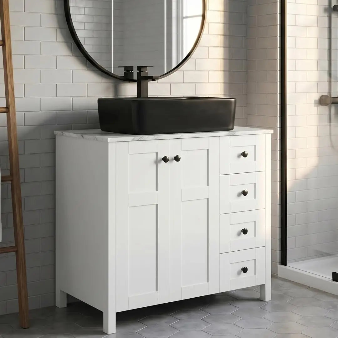 32 Inches White Bathroom Vanity with Marble Texture Top and 4 Drawers, with Marble Boat Ceramic Sink, Custom