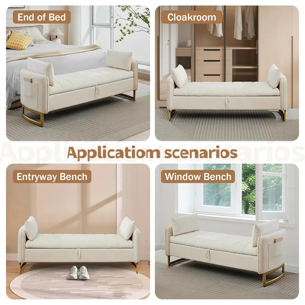 Velvet Storage Bench With Armrests And Gold Legs Pockets