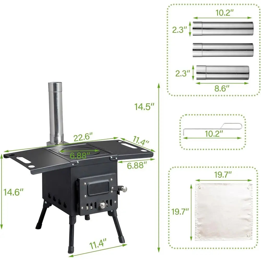 22.6in Outside Iron Camp Stove,olding Wood Burning Camping Stoves,Portable Camping Rocket Stoves,Outdoor Hot Tent Stove,with Chi