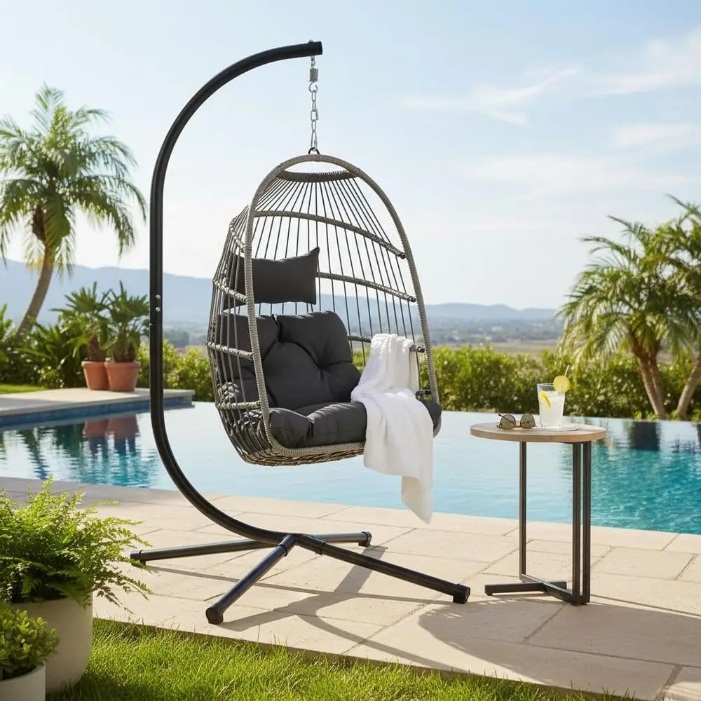 Outdoor Egg Hanging Chair with Stand, Patio Wicker Swing Egg Chair Indoor Outdoor Hammock Chair, 350 lbs acity, Black Gray