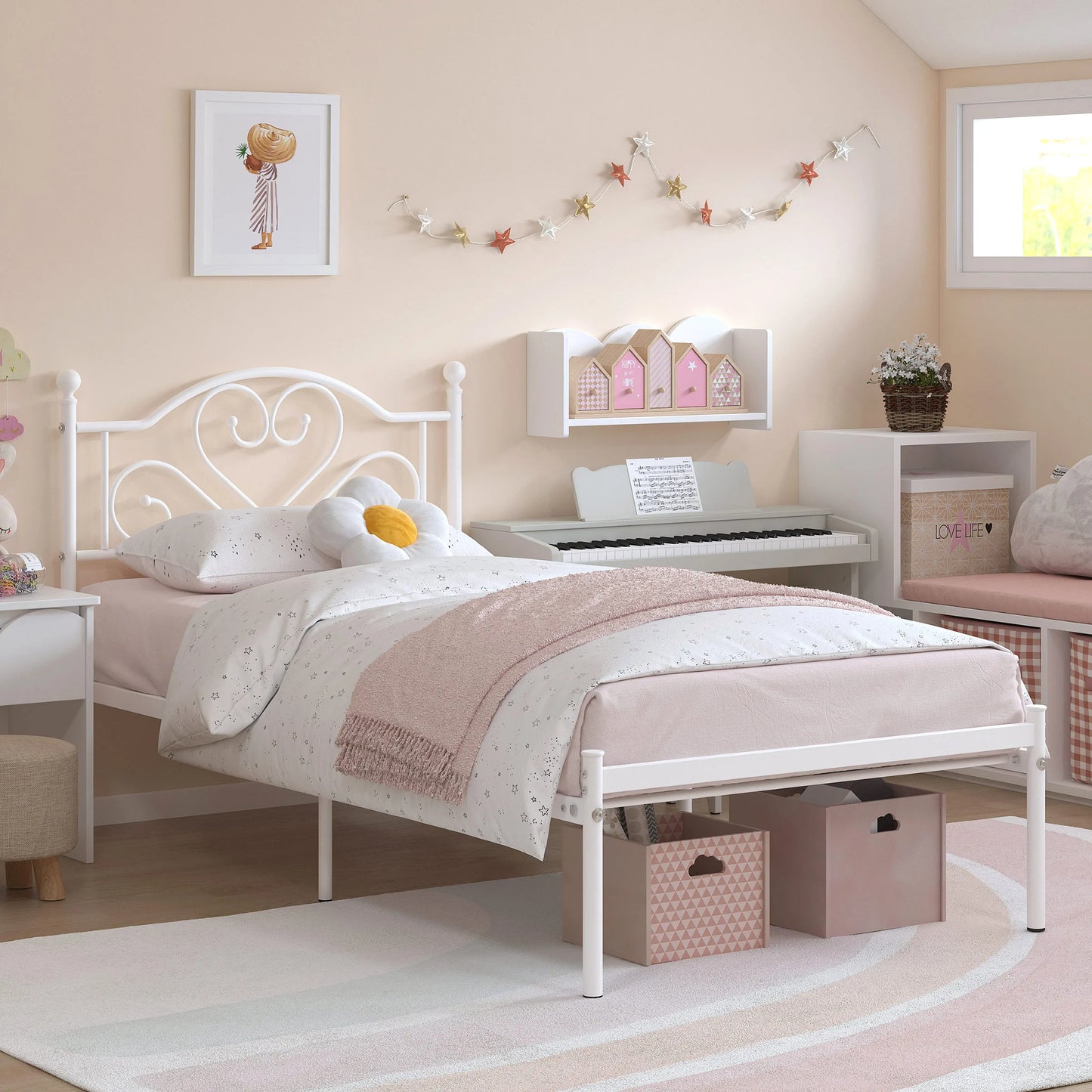 MERRONIX Heart Shaped Headboard Heavy Duty Metal Platform Bed Frame