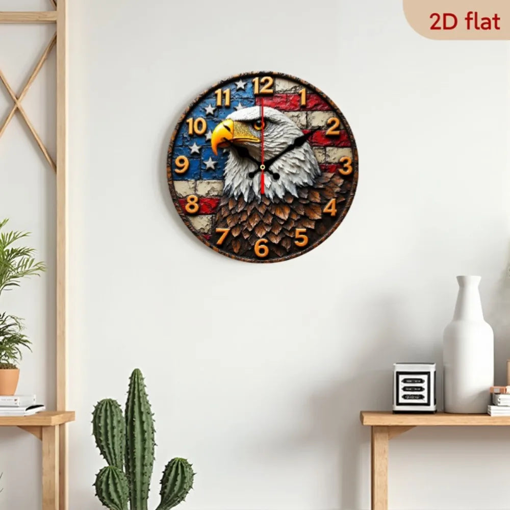 1pc Eagle Silent Round Wall Clock with Flag & Eagle Design - Large Hands, Face & Red/ Star-Spangled Background - Wooden Frame Qu