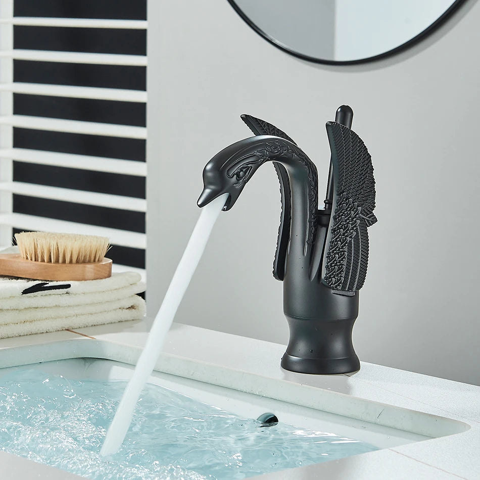 Uythner Luxury Swan Bath Basin Brass Faucet Cold and Hot Water Mixer Taps Black /Gold/Antique Bathroom Washbasin Crane