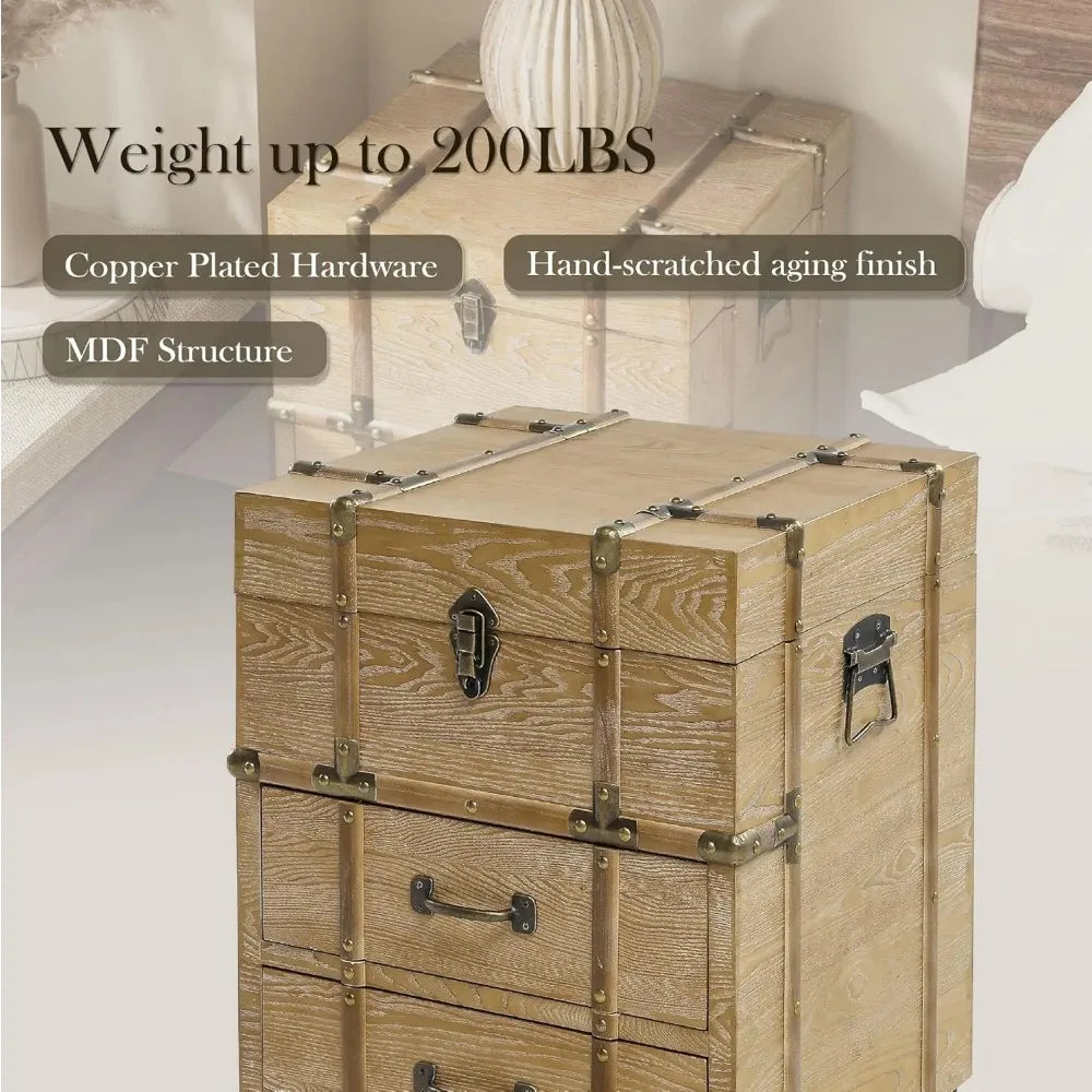 MOYU Vintage Storage Chest Buckle Hinged Top Wood End Table