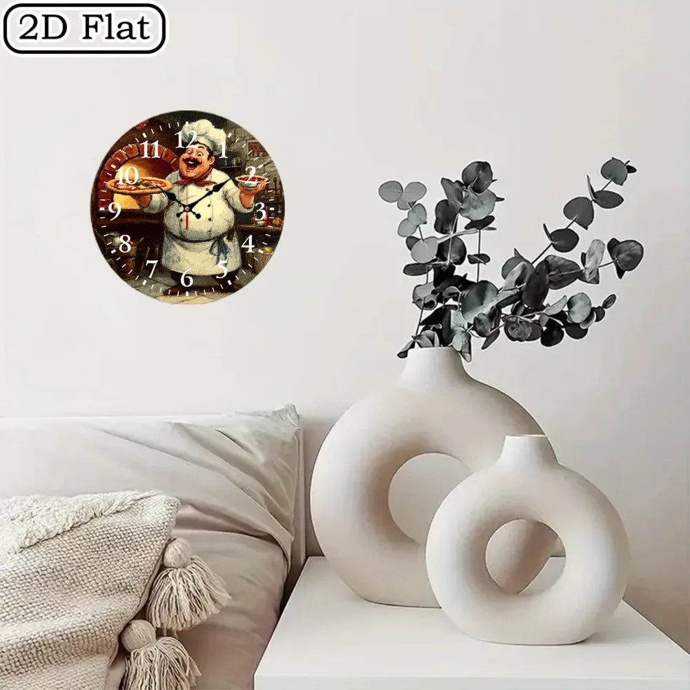 10-Inch Wooden Wall Clock with a Chef Theme, Featuring Easy-To-Read Numbers. It Runs on Batteries (AA Batteries Not Included) An
