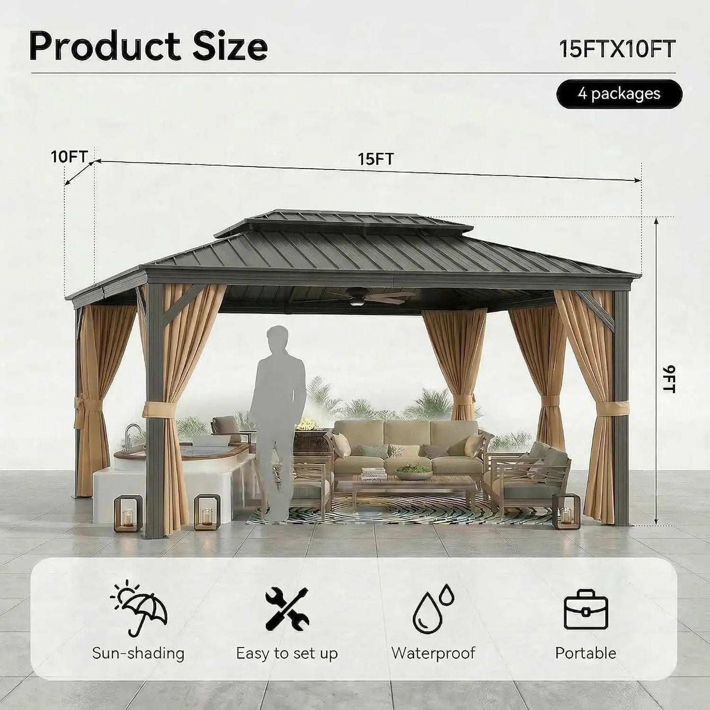 10x15 Hardtop Gazebo with Flame-Retardant Curtain & Netting, Hot Tub Gazebo with Galvanized Steel Double Roof, Heavy, Custom