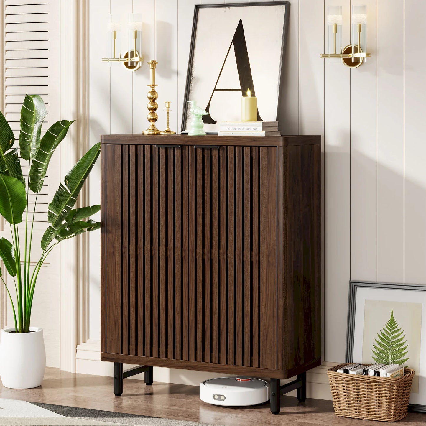 Tribesigns Wooden Shoe Cabinet With Louvered Doors And Adjustable Shelves