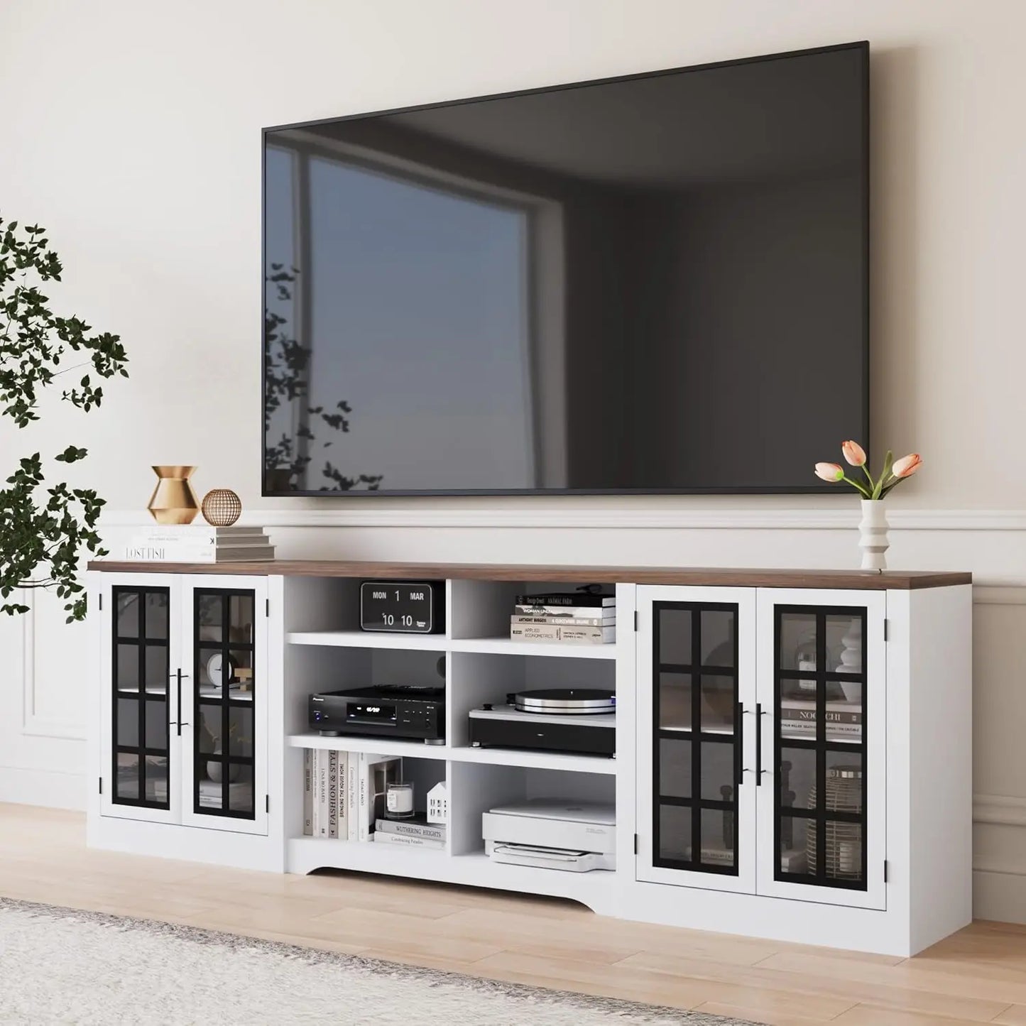 Farmhouse TV Stand for TVs up to 100", Modern Entertainment Center with 2 Cabinets and 3-Tier Open Shelves, Rustic, Customized