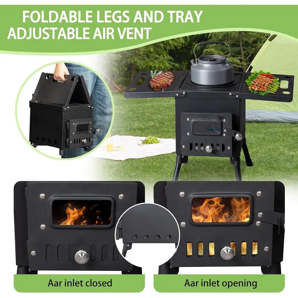 22.6in Outside Iron Camp Stove,olding Wood Burning Camping Stoves,Portable Camping Rocket Stoves,Outdoor Hot Tent Stove,with Chi