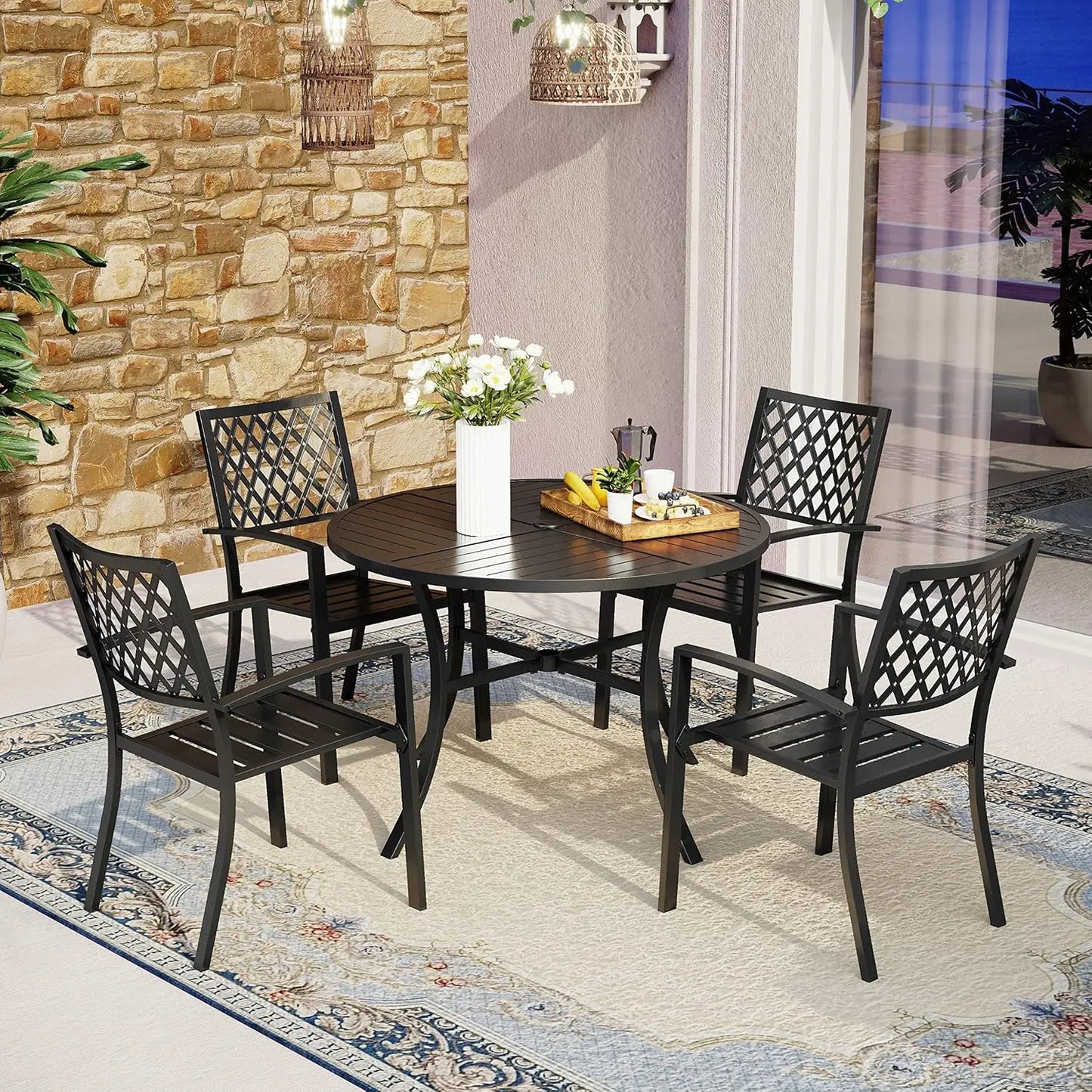 Round Outdoor Dining Set Wrought Iron 5 Piece Table & Chairs with Umbrella Hole for Deck Backyard Poolside Garden, Custom