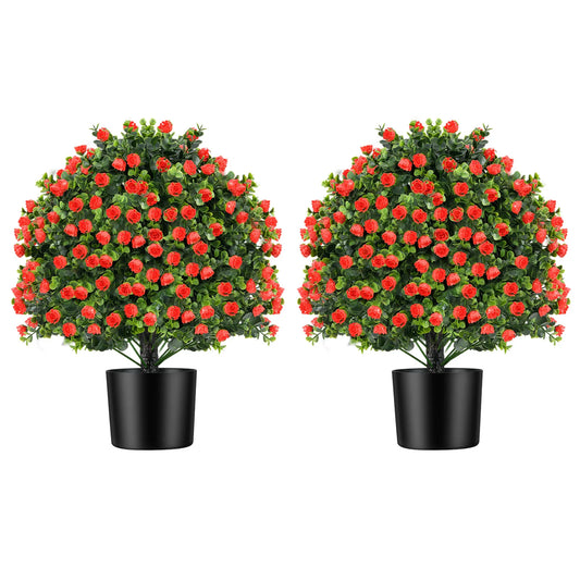 2 Pack Artificial Rose Topiary Ball Tree Faux Shrub Bushes w/ Flowers