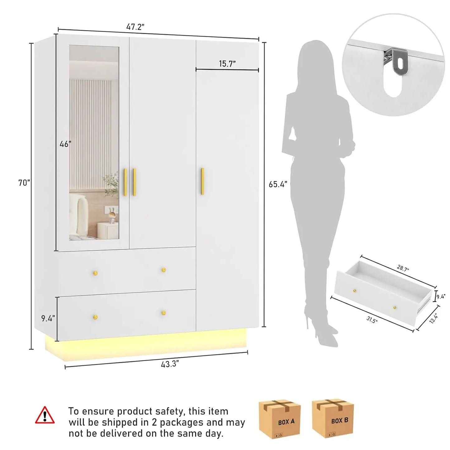 3 Doors Armoire Wardrobe Closet with Mirror, LED Armoire with Doors and Drawers, Wooden Wardrobe Storage Cabinet with, Custom