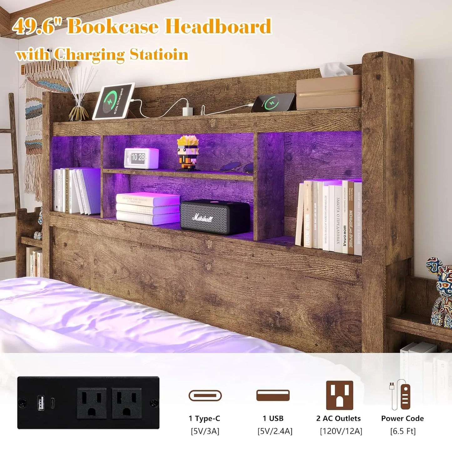 Queen Bed Frame with 49.6" Bookcase Headboard & 2 Detachable Bedside Stoage Racks & 4 Drawers, Farmhouse Wood Bed Frame, Custom