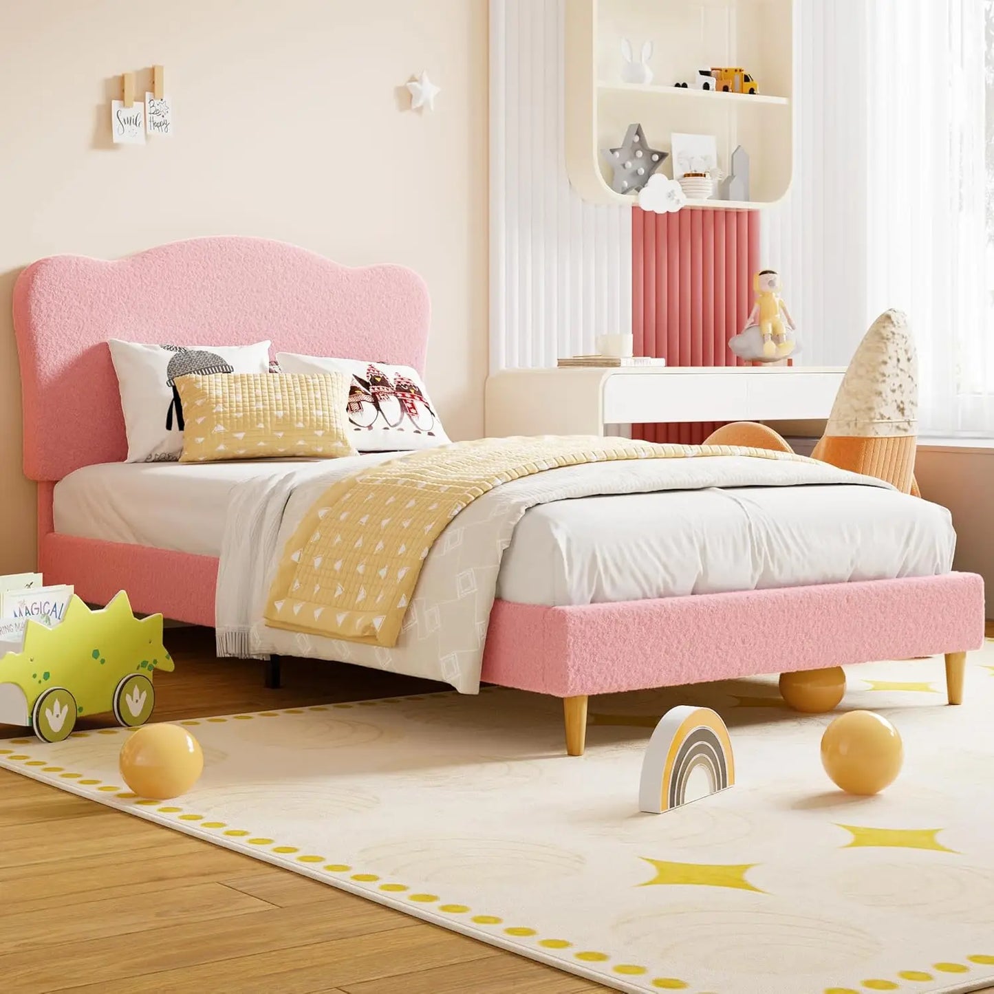 Upholstered Twin Size Bed Frame for Kids with Scallop Headboard, Cute Velvet Twin Bed, Sturdy Platform Bed, No Box Spring Needed