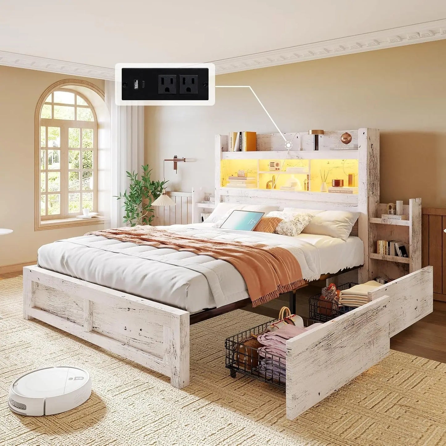 Queen Bed Frame with 49.6" Bookcase Headboard & 2 Detachable Bedside Stoage Racks & 4 Drawers, Farmhouse Wood Bed Frame, Custom