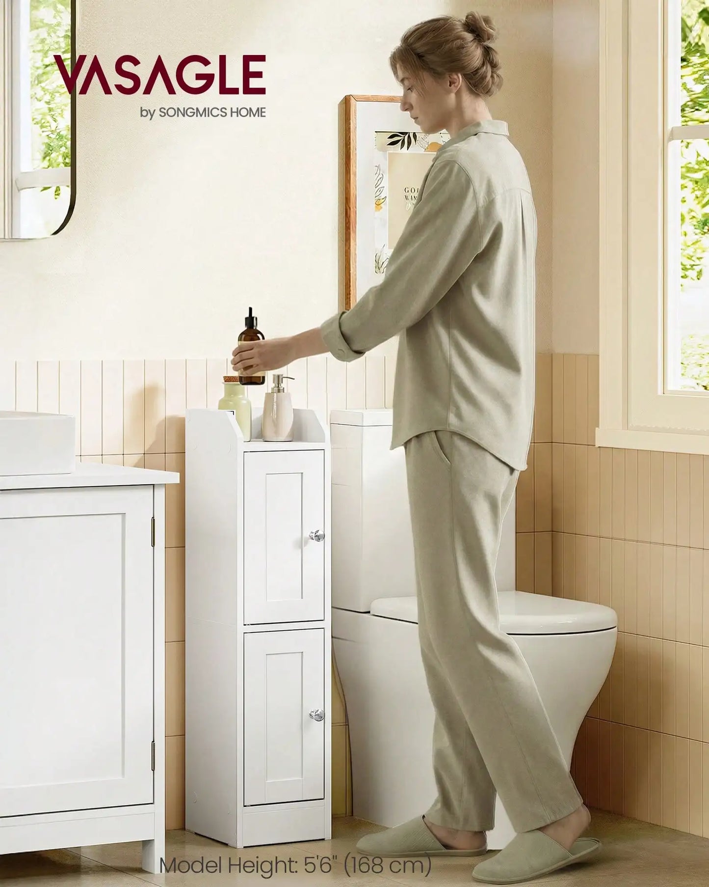 Slim Storage Cabinet With Reversible Doors, Small Storage Corner Floor Cabinet, Narrow Orgnizer, Adjustable Shelves, Far