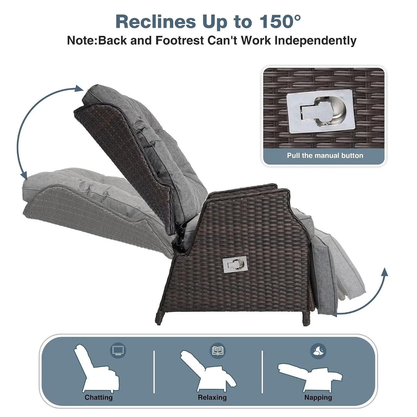 Outdoor Indoor Wicker Recliner with Adjustable Back and Footrest, Patio Reclining Chair with Flip-up Table, Outdoor, Custom