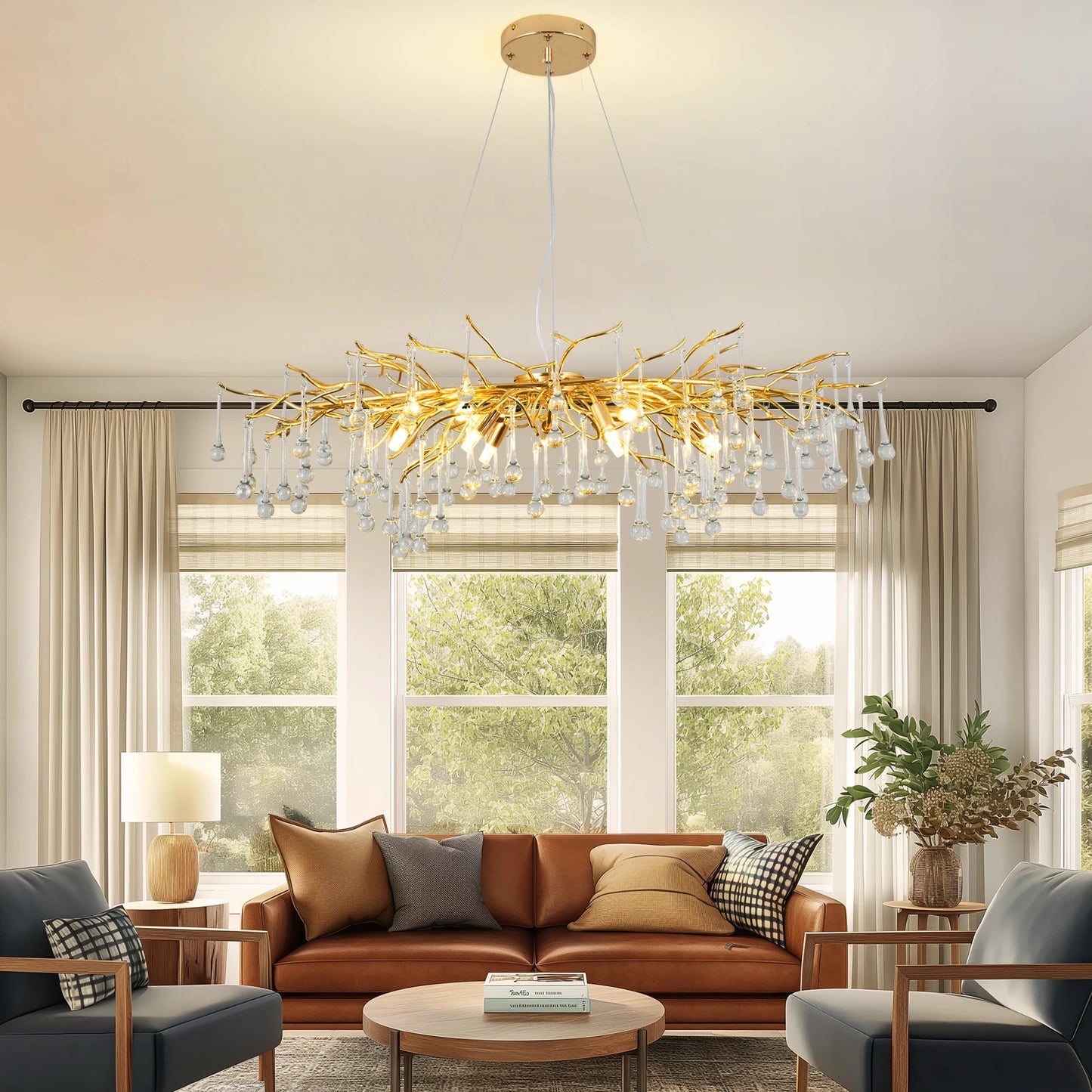 Modern Luxury Gold Crystal Ceiling Chandelier Tree Branch Shaped Pendant Light for Dining Living Room Bedroom Lustre Home Decor