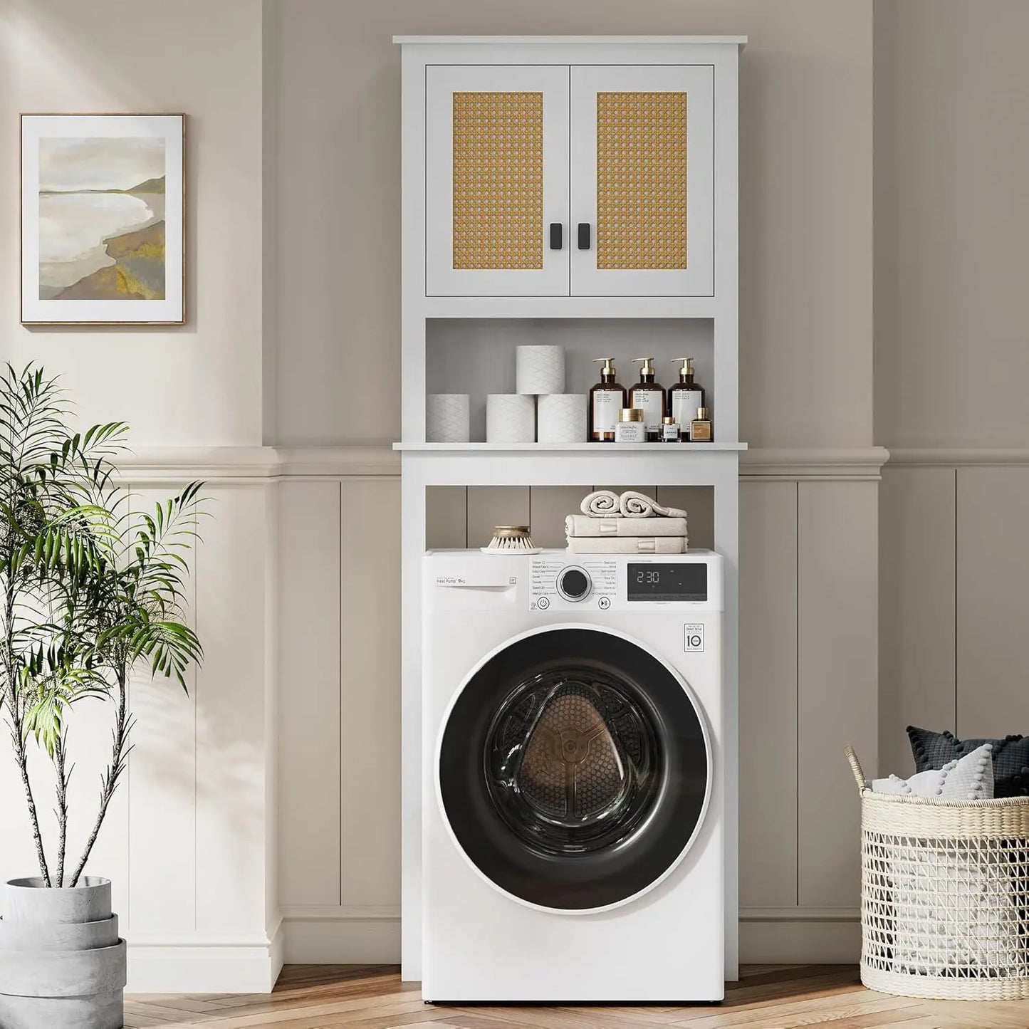 Farmhouse Over Toilet Storage Cabinet With Rattan Doors