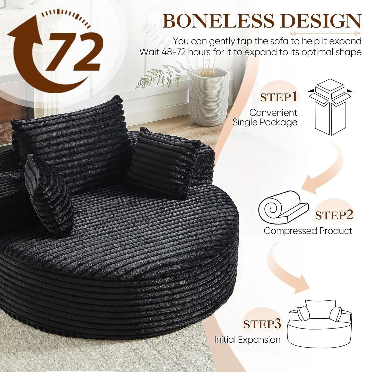 Oversized Round Chaise Longue Chair Indoor, Modern 55-inch Upholstered Corduroy Deep Seat Circle Single Cloud Lounge, Custom