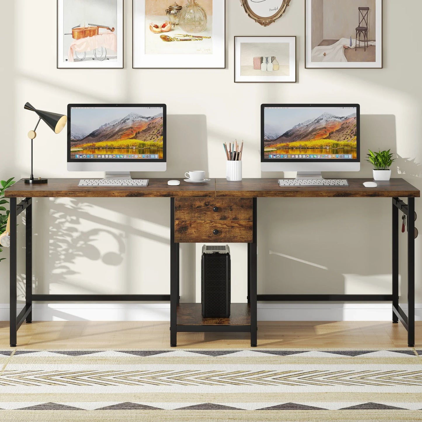 Tribesigns Wooden Double Computer Desk With Drawers And Gaming Shelves