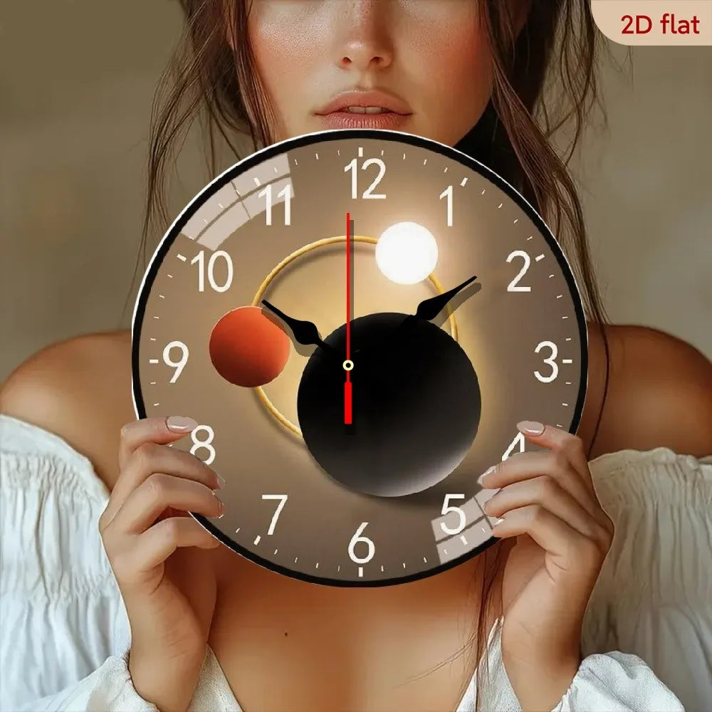 1pc 2D Planar Geometric Lamp Silent Round Wall Clock | Wooden Frame, Wall-Mounted, Wooden Quartz Design, Suitable for Indoor and