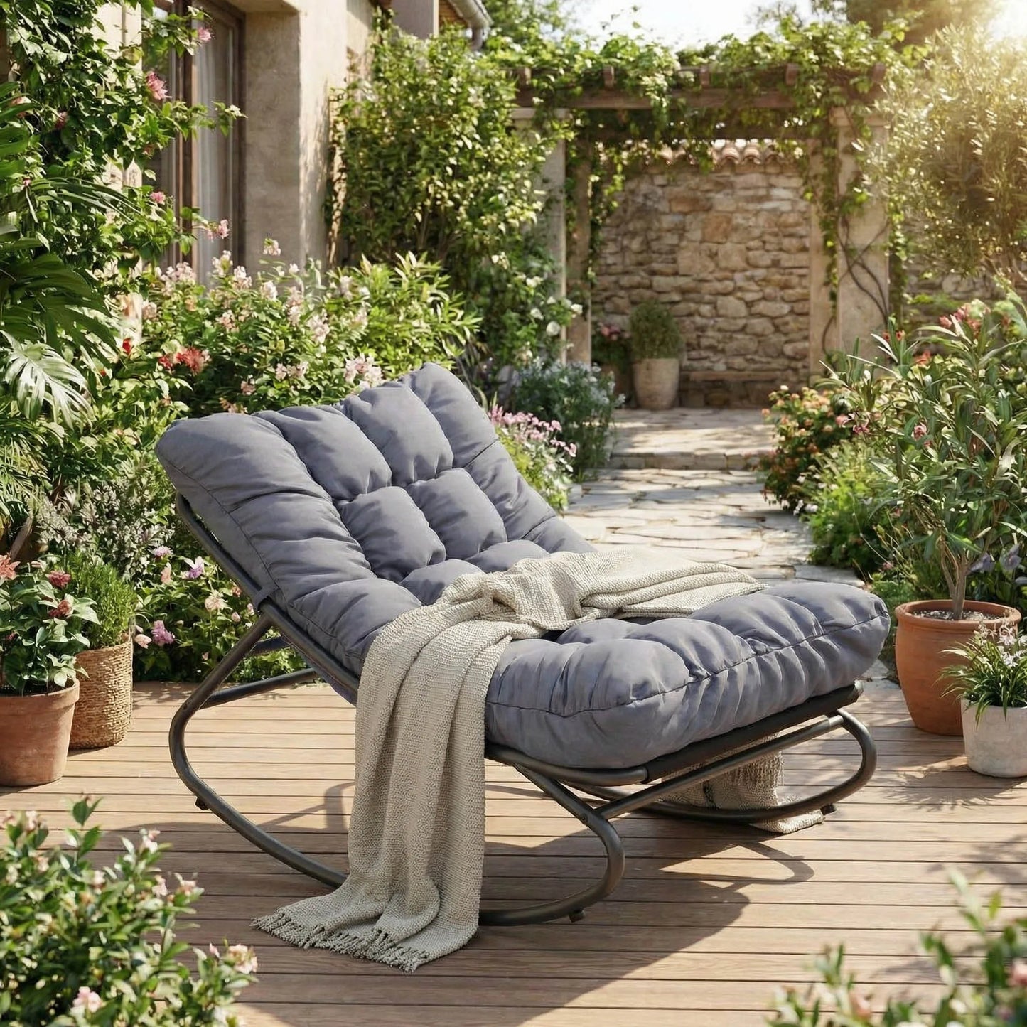 Oversized Patio Rocking Chair – Heavy Duty Metal Frame, Thick Waterproof Cushion, Ergonomic Comfy Lounge Rocker, 400 lbs Capacity, for Outdoor Porch, Garden, Balcony, Backyard