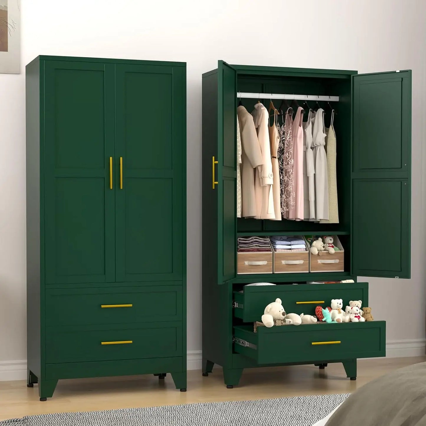 Metal Armoire Wardrobe Closet, 71 "Metal Clothing Storage Cabinet with Adjustable Shelves and Hanging Rod, Household, Custom