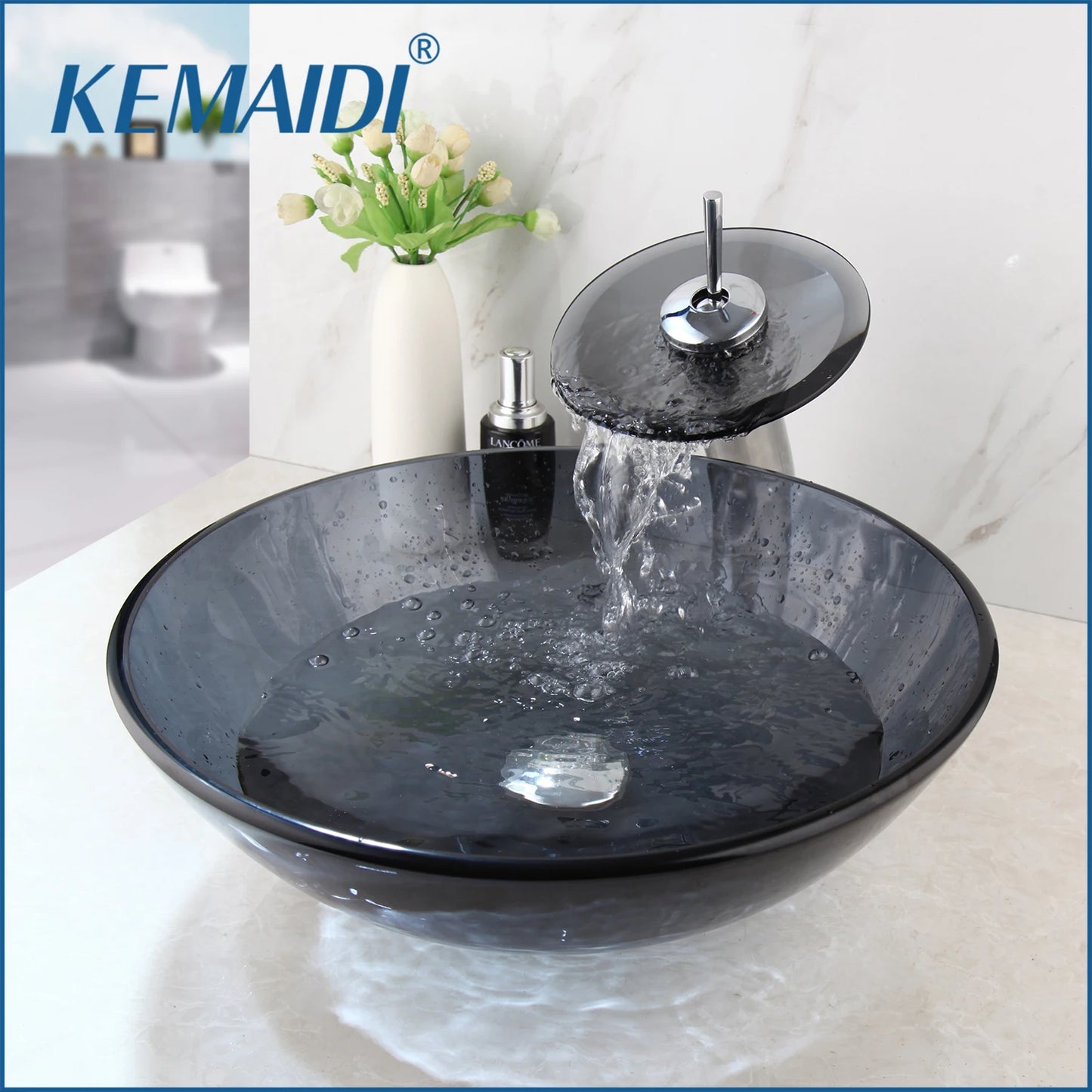 Mekkhala Tempered Glass Vessel Sink With Waterfall Faucet