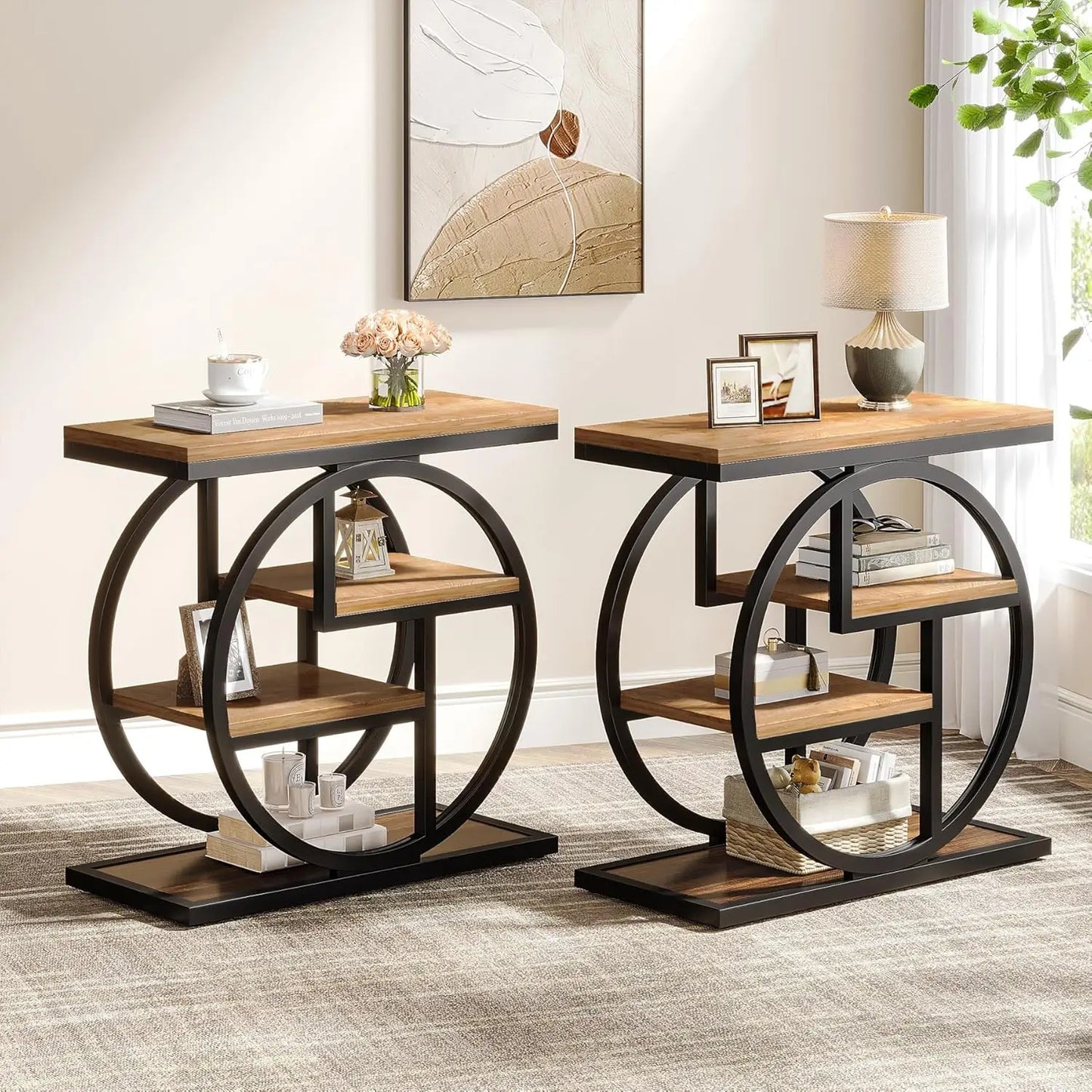 End Table Set of 2, 4-Tier Narrow Side Table with Storage Shelves, Wood Small Sofa Side Table with Geometric Metal, Customized