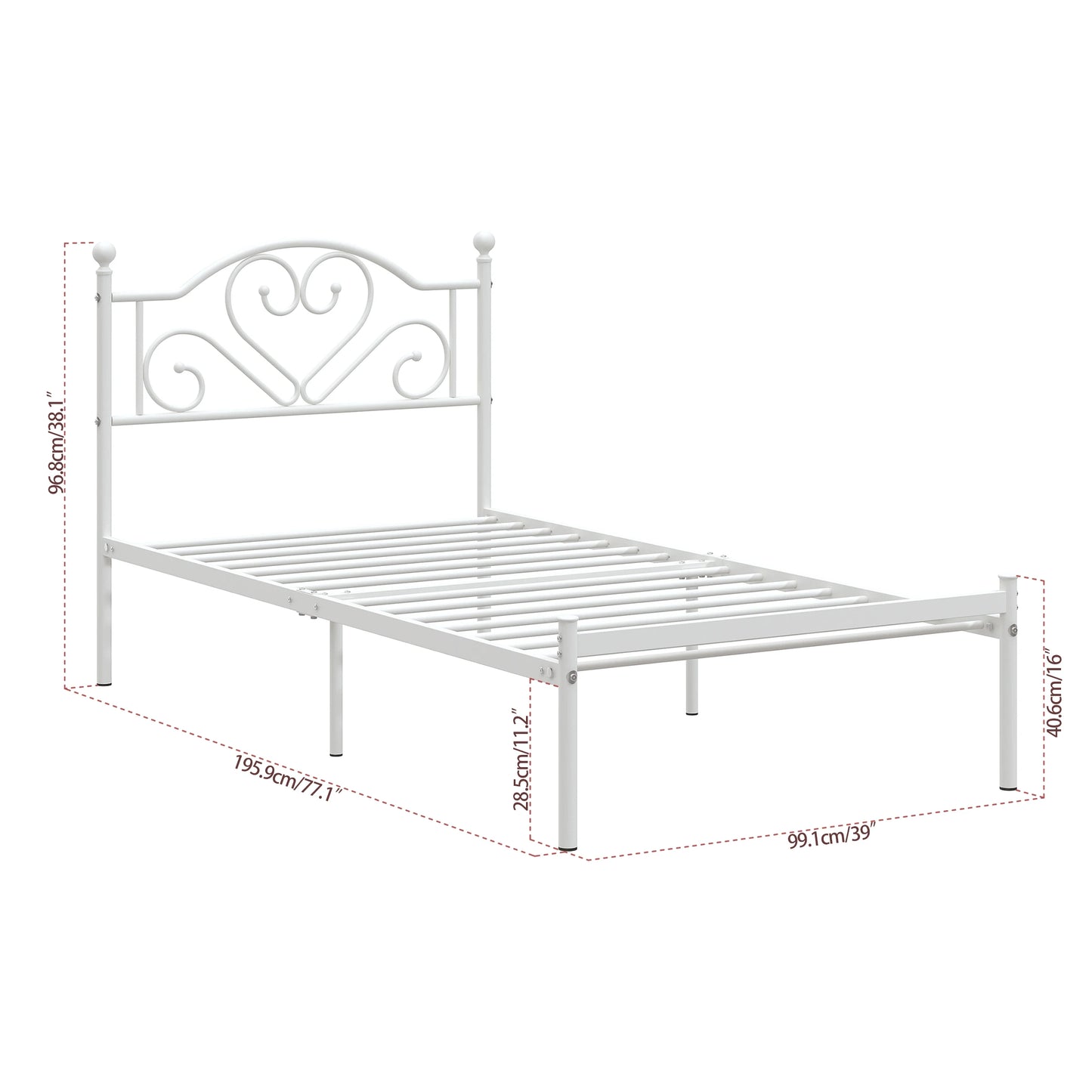 MERRONIX Heart Shaped Headboard Heavy Duty Metal Platform Bed Frame