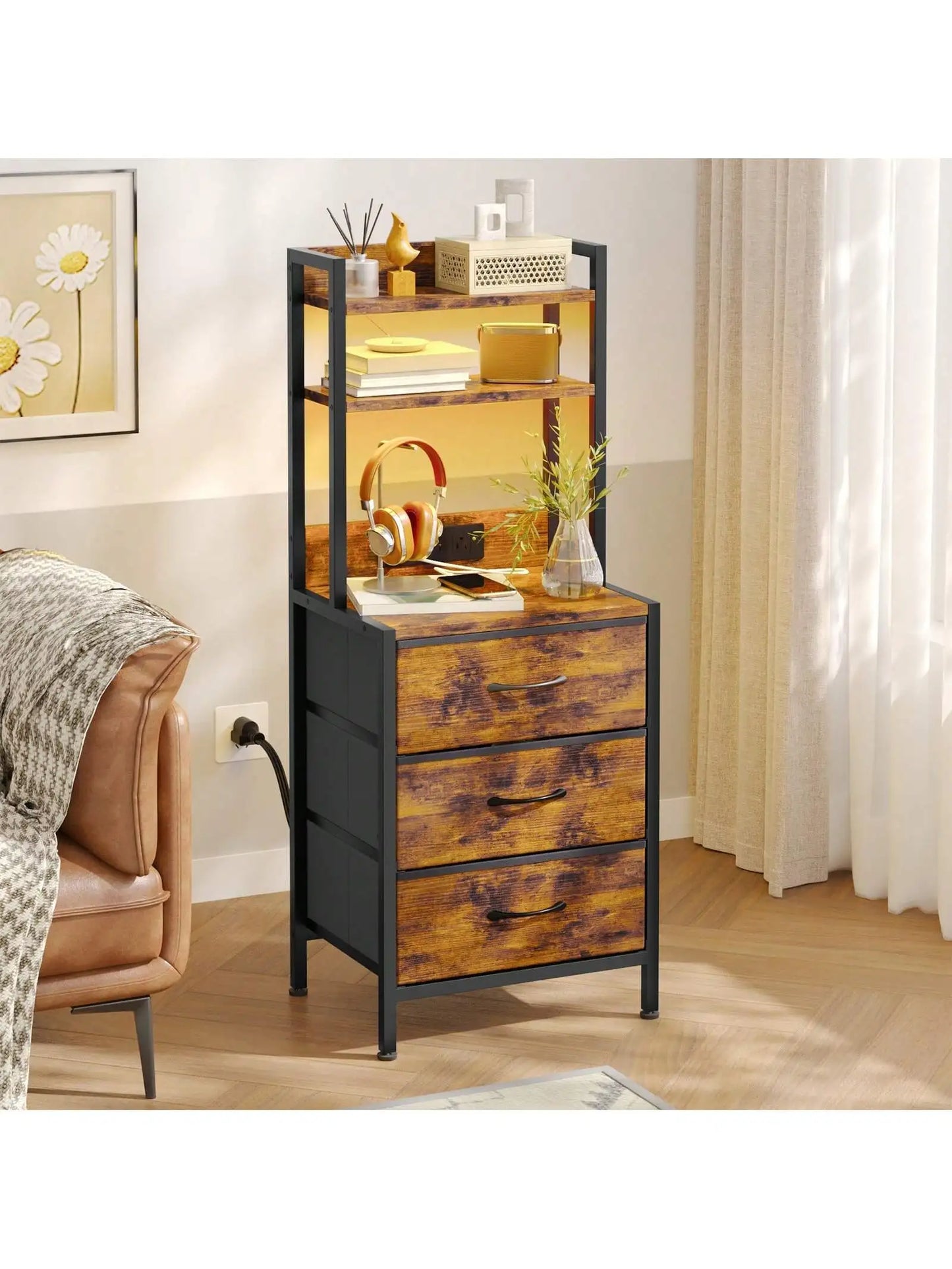 Tomnk 41 Inch Tall End Table With Charging Station & Light, 3-Drawer Fabric Nightstand With & Outlet, Multi-Level Bedsid