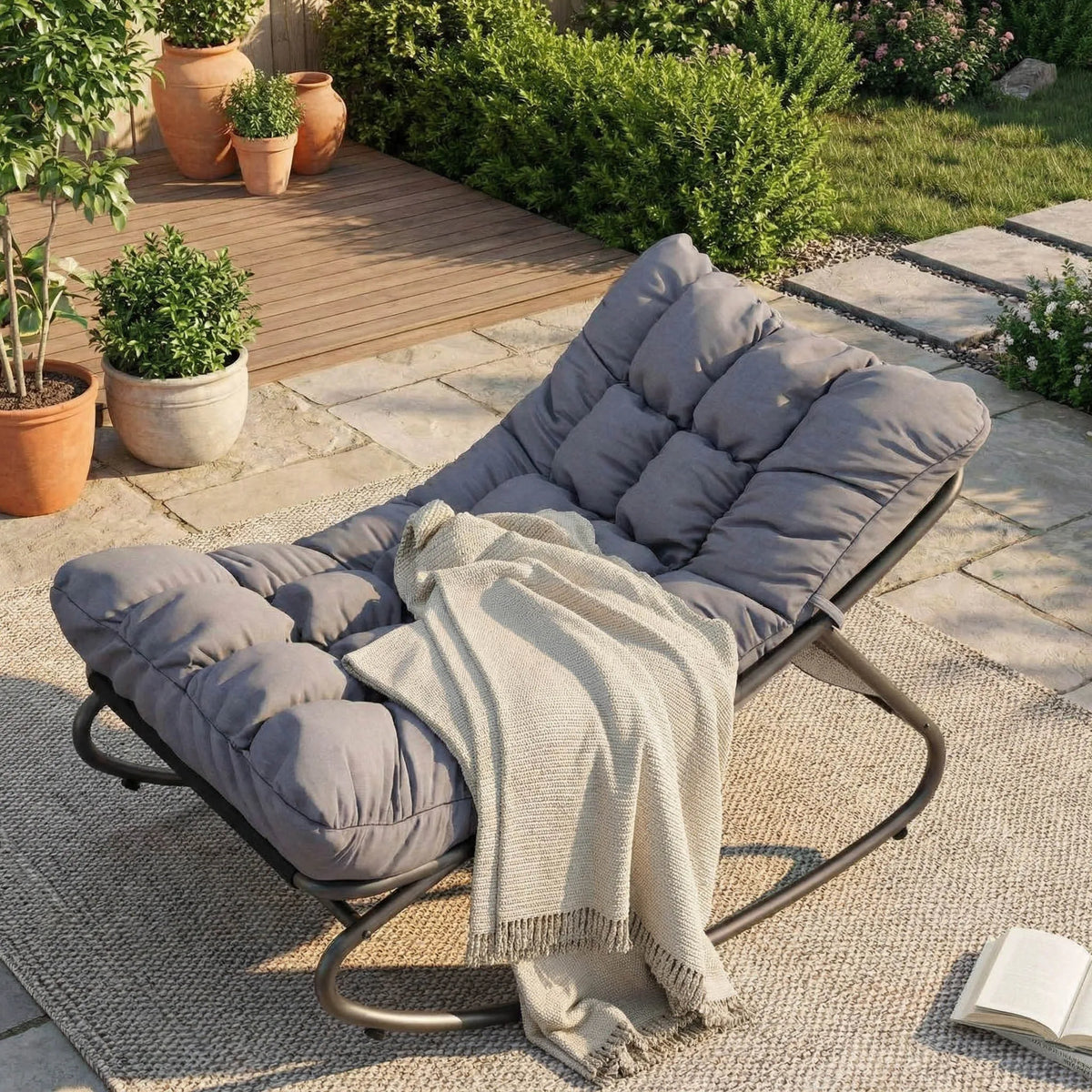 Oversized Patio Rocking Chair – Heavy Duty Metal Frame, Thick Waterproof Cushion, Ergonomic Comfy Lounge Rocker, 400 lbs Capacity, for Outdoor Porch, Garden, Balcony, Backyard