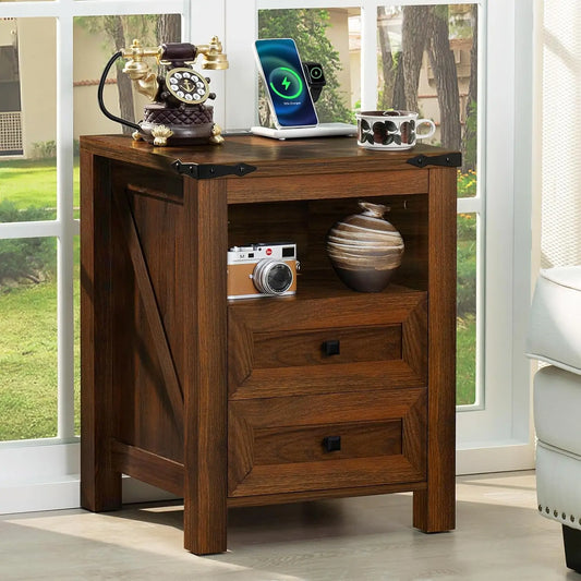 Farmhouse Nightstand With USB Charging Station And Two Drawers