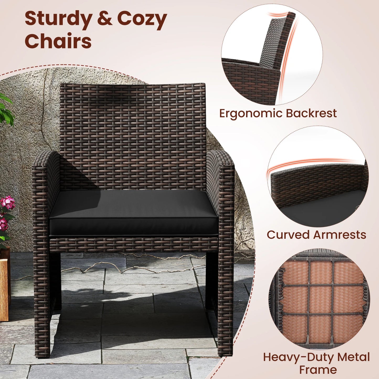 3 Pieces Wicker Bistro Set Balcony Furniture Set w/ Tempered Glass Dining Table