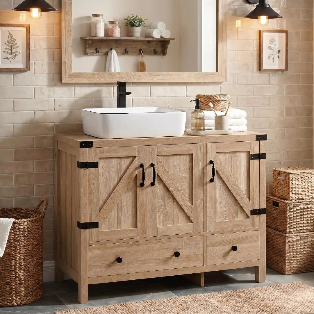36" Natural Color Bathroom Vanity, Rustic Fixture Standing Pedestal Cabinet with White Ceramic Sink, Custom