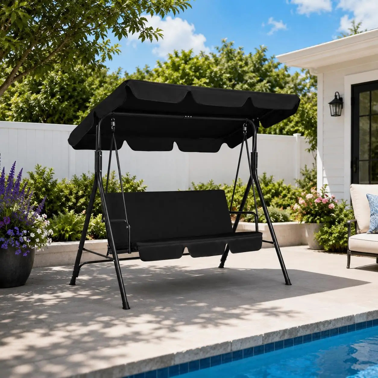 3-Seat Patio Swing Chair, Outdoor Canopy Porch with Adjustable Canopy & Removable Cushion, Hanging Glider Lounge Chair, Custom