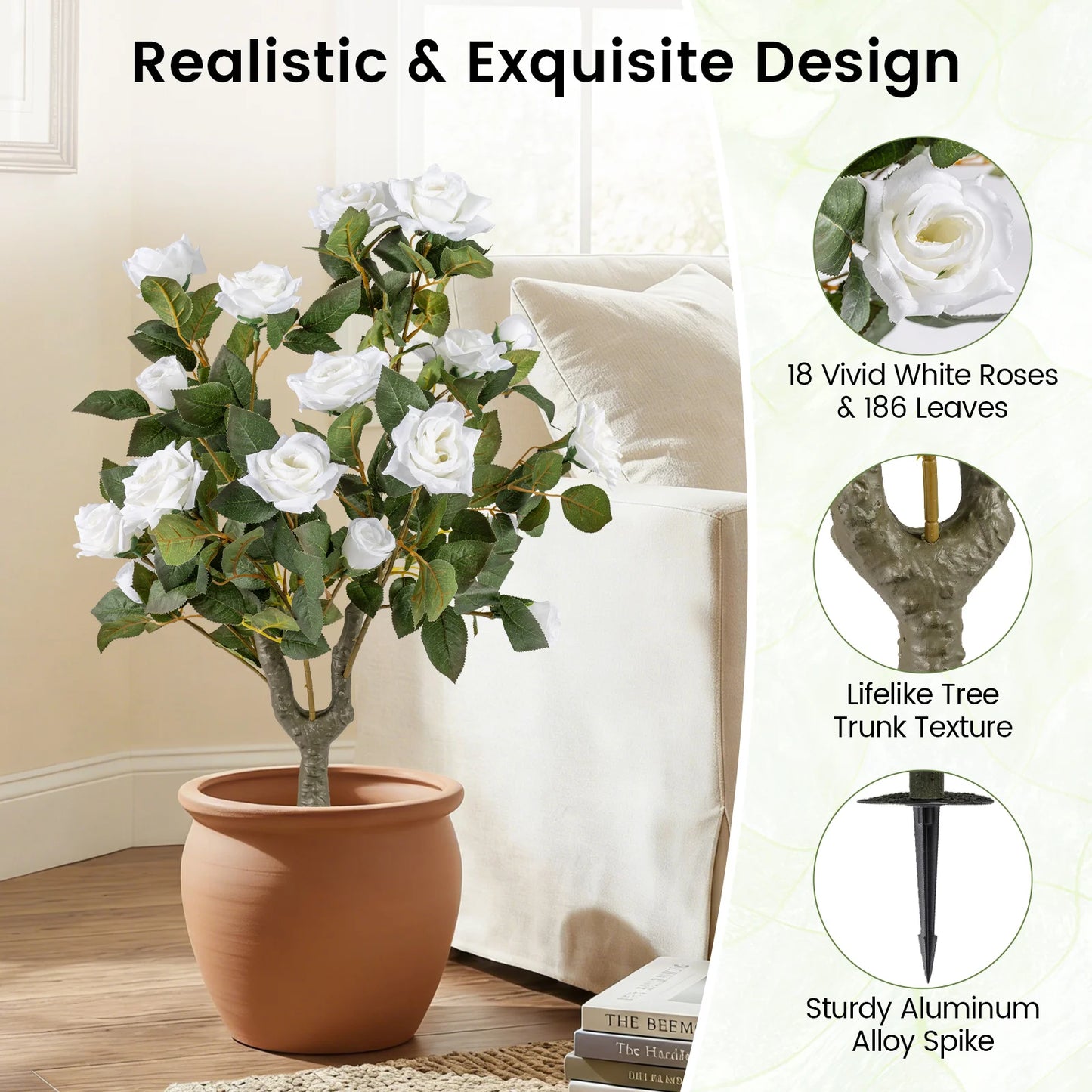 2 Pack Artificial Rose Flower Trees, 31. 5" w/ Spikes, 186 Leaves & 18 White Flowers