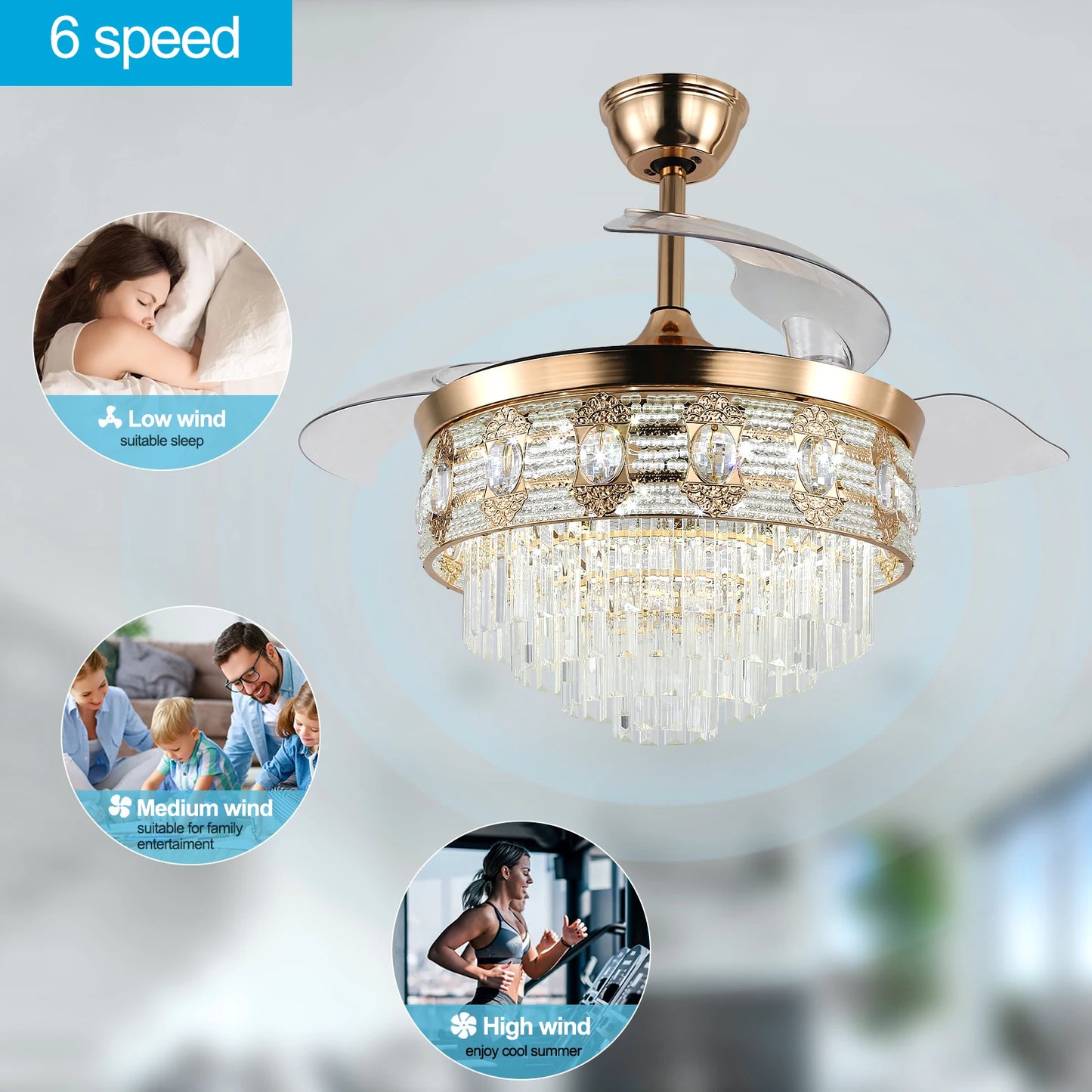 GreeLustr Modern Smart Ceiling Fan Chandelier Gold RC Adjustable 6 Speed Pendant Light Luminaire Bedroom 3 Heads Led Fandelier