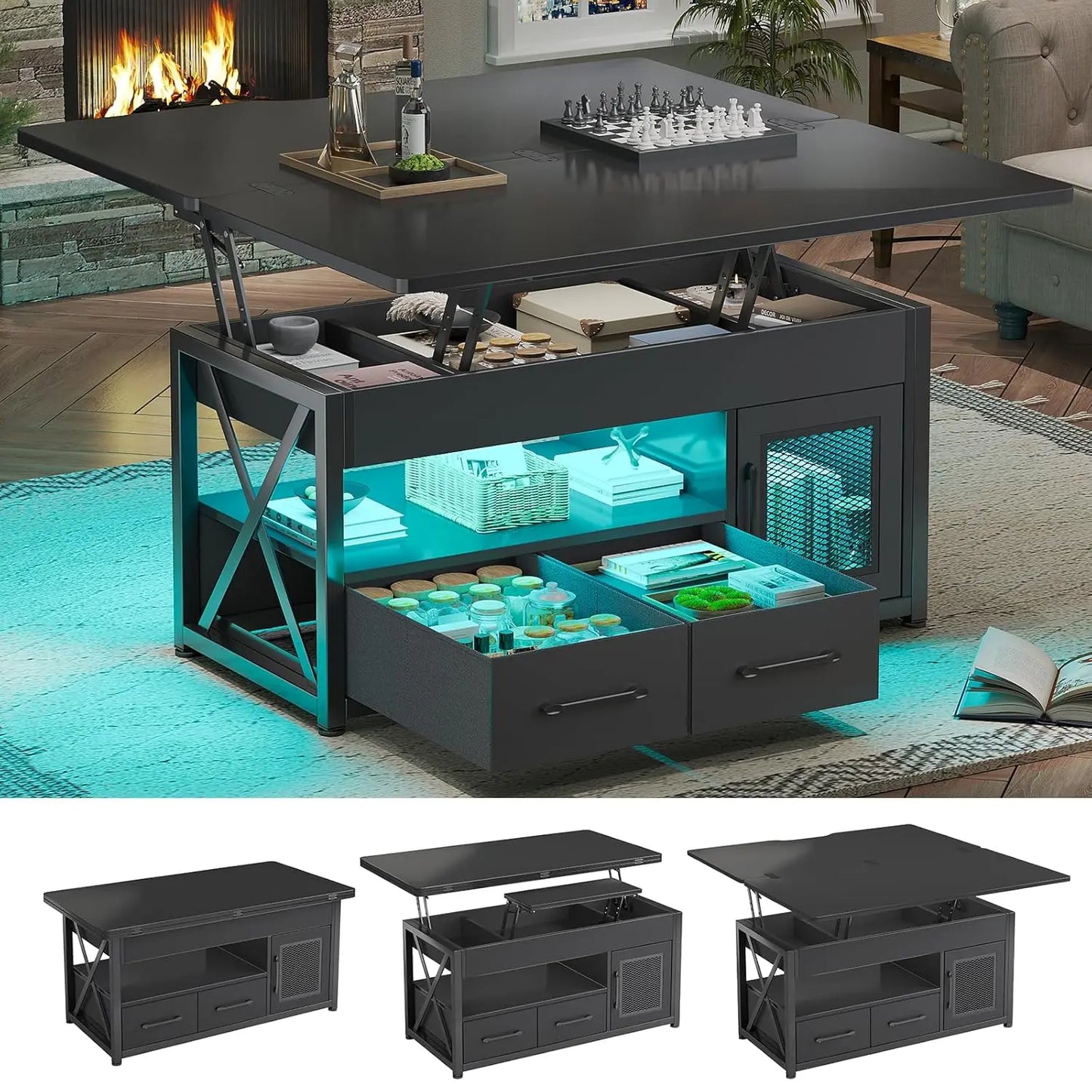 Lift Top Coffee Table Storage Cabinet 4 in 1 with 2 Fabric Drawers LED Light Living Room Dining Room 40Custom