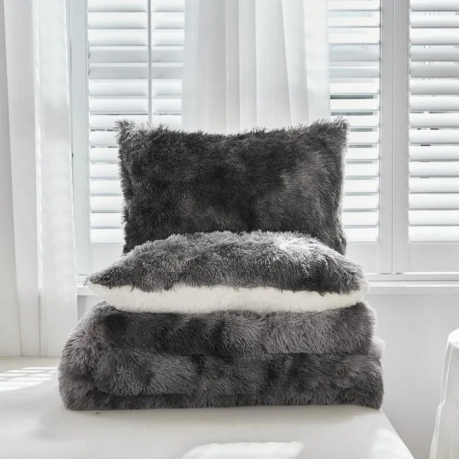 Faux Fur Shaggy Comforter Set Plush Sherpa Reversible Bedding