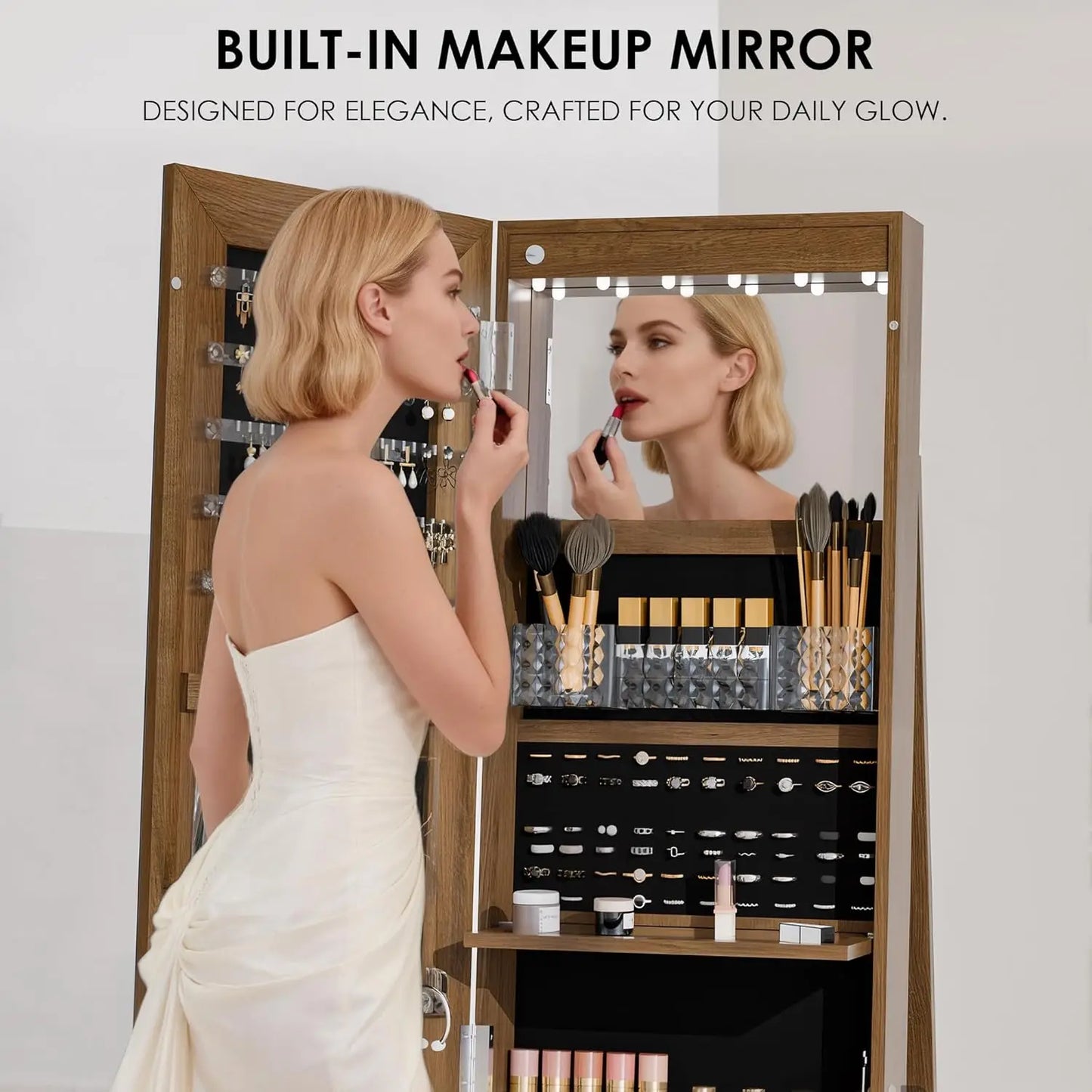 360° Swivel Jewelry Mirror Cabinet, Lockable Standing Jewelry Armoire with Full Length Mirror, Storage Shelves,, Custom